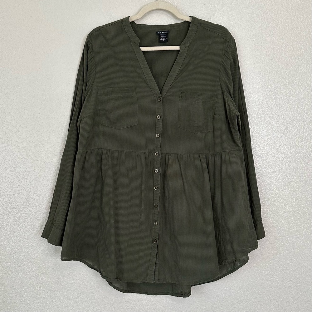 Torrid Olive Green Button Down Long Long Sleeves Tunic Shirt, Size 1X